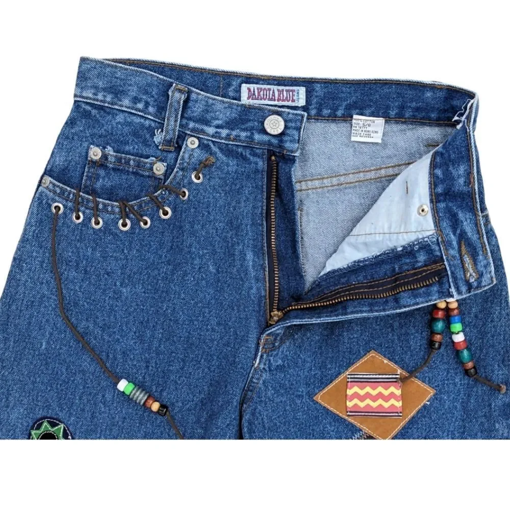Y2k/90s Vtg Dakota Blue Jeans Boho Native American Patchwork Beaded High Waisted